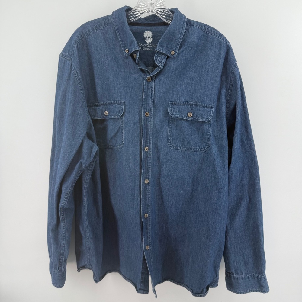 Ocean & Coast Mens XL Shirt Blue‎ Denim Long Sleeve Button Down 100% Cotton